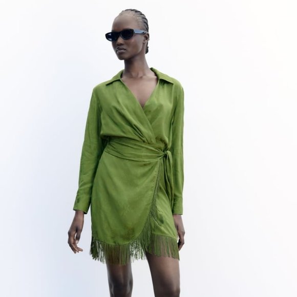 Zara FRINGED JACQUARD WRAP DRESS - Picture 1 of 3